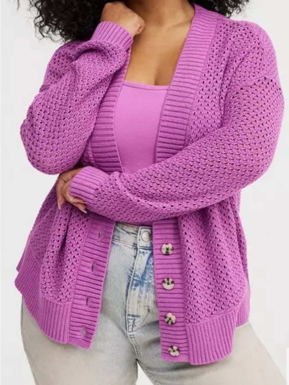 Torrid 3x Purple Open-Knit Button Cardigan Sweater